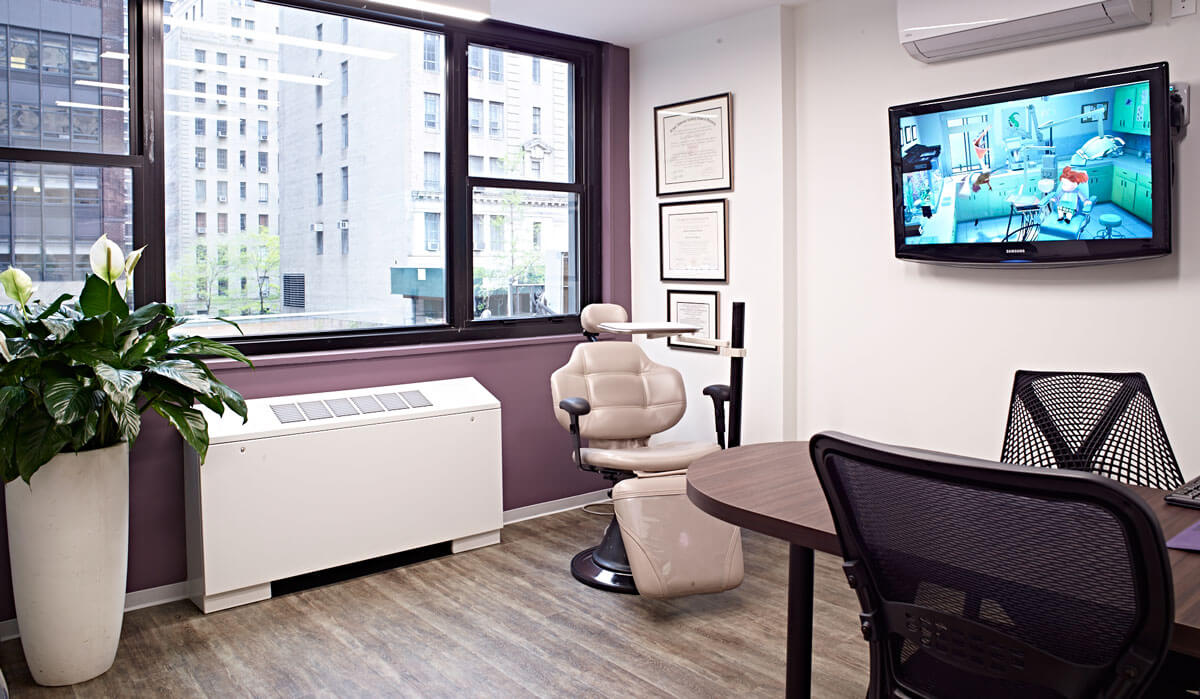 dental office meeting room with large windows looking out at NYC